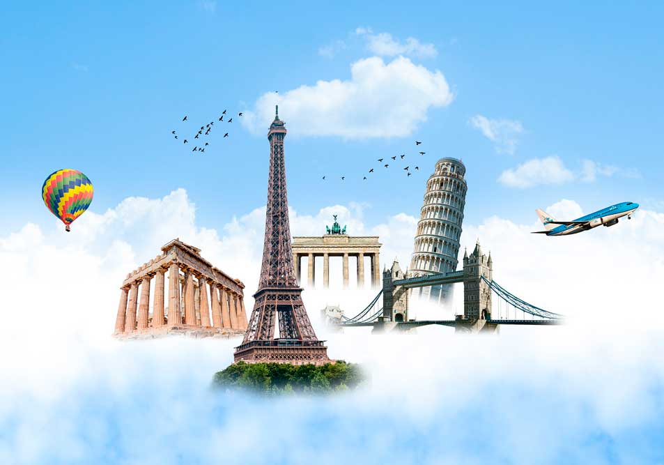 Kolaż kilku najsłynniejszych budynków - symboli różnych krajów europejskich (Francja jest reprezentowana przez Wieżę Eiffla, Anglia przez Tower Bridge z Londynu, Włochy przez Krzywą Wieżę w Pizie, Niemcy przez Bramę Brandenburską, a Grecja przez Partenon. Z języków onbowiązujących w tych krajach nasza szkoła językowa oferuje kursy angielskiego, niemieckiego i francuskiego.